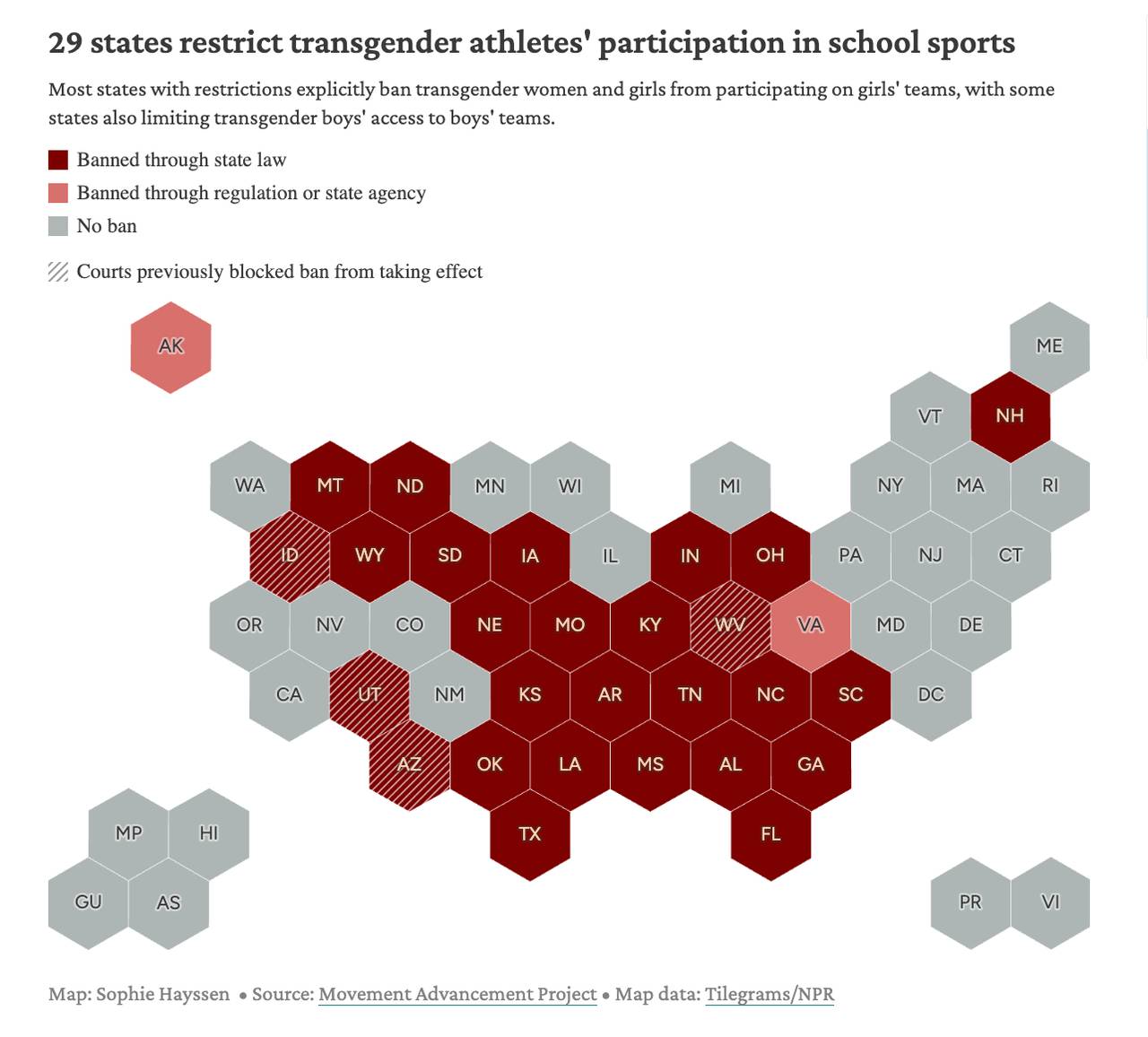 A data map showing the 29 states that restrict transgender athletes' participation in school sports.